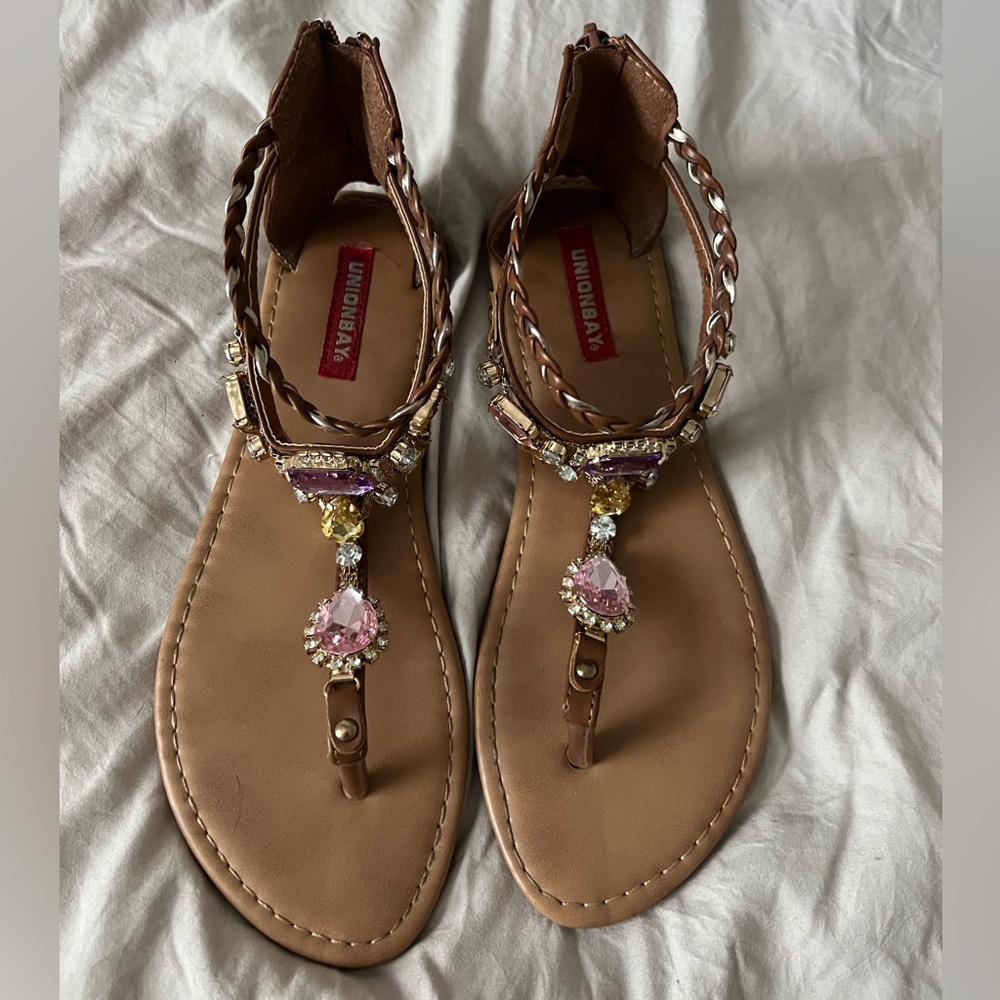 Union Bay Jewel Womens Multicolored Bedazzled Zip Heel Sandals